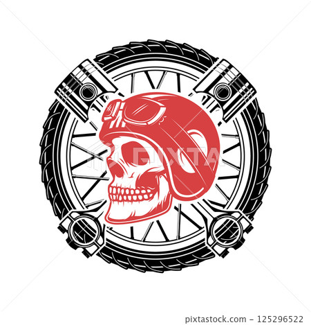 Born to ride. Skull in motorcycle helmet on background with wheel and crossed pistons. Design element for t-shirt print, poster, emblem. Vector illustration. Born to ride. Skull in motorcycle helmet on background with wheel and crossed pistons. Design element for t-shirt print, poster, emblem. Vector illustration. 125296522