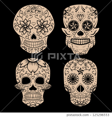 Set of sugar skulls isolated on white background. Day Of The Dead. Dia De Los Muertos. Vector illustration. Set of sugar skulls isolated on white background. Day Of The Dead. Dia De Los Muertos. Vector illustration. 125296553