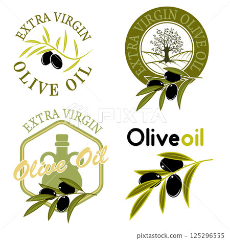 Extra virgin olive oil labels. Design element for label, emblem, brand mark, sign. Vector illustration. Extra virgin olive oil labels. Design element for label, emblem, brand mark, sign. Vector illustration. 125296555
