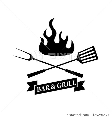 BBQ and grill. Emblem with crossed cooking spatula and fork. Vector illustration 125296574