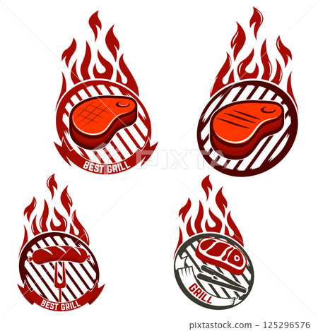 Set of Grill labels. Bbq and grill icons. Design elements for logo, label, emblem, sign, restaurant menu. Vector illustration. 125296576