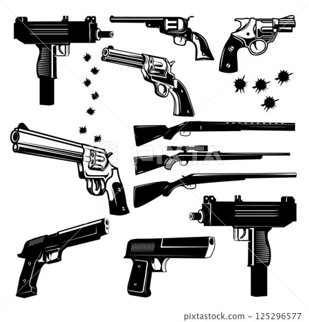 Big set of pistols and bullet holes isolated on white background. Handguns set on white background. Revolvers, hand guns and automatic handguns set. Big set of pistols and bullet holes isolated on white background. Handguns set on white background. Revolvers, hand guns and automatic handguns set. 125296577