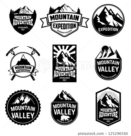 Hiking, mountains exploration labels and emblems. Vector illustration. 125296580