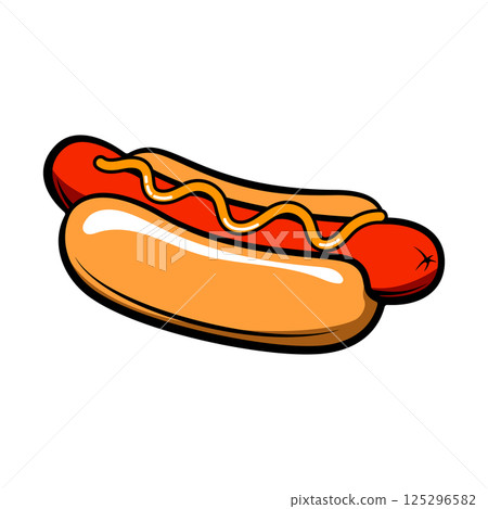 Hot dogs. Hot dog in retro style with fire isolated on white background. Fast food. Design element for logo, label, emblem, sign. Vector illustration. Hot dogs. Hot dog in retro style with fire isolated on white background. Fast food. Design element for logo, label, emblem, sign. Vector illustration. 125296582