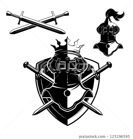 Set of the emblems templates with swords and knights helmets. Design elements for logo, label, emblem, sign, brand mark. Vector illustration. Set of the emblems templates with swords and knights helmets. Design elements for logo, label, emblem, sign, brand mark. Vector illustration. 125296595