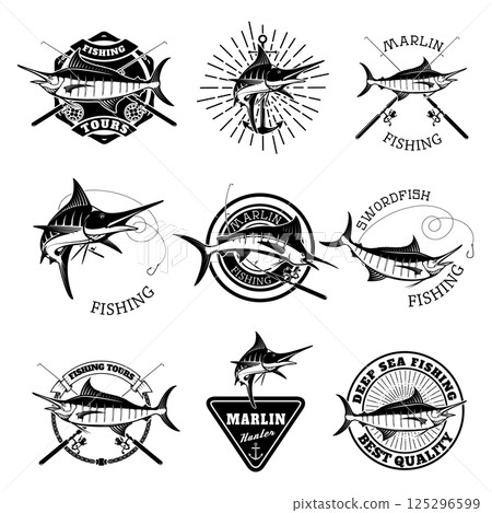 Marlin fishing. Swordfish icons. Deep sea fishing. Design elements for emblem, sign, brand mark. Vector illustration. 125296599