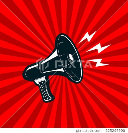 Megaphone on retro comic style background. Design element for poster, flyer. Vector illustration. 125296600