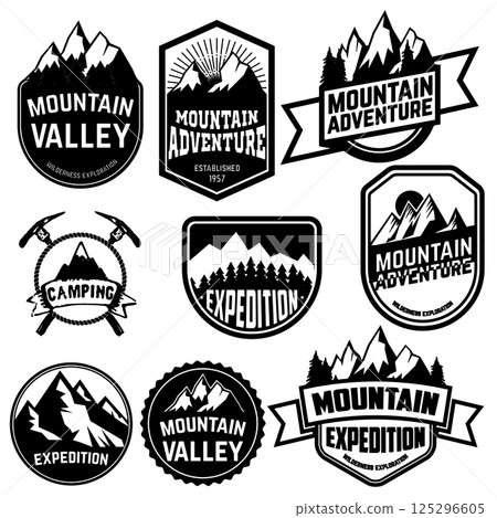 Set of vintage style mountains expedition labels and badges and design elements. Vector logo,badge or label design template. Set of vintage style mountains expedition labels and badges and design elements. Vector logo,badge or label design template. 125296605