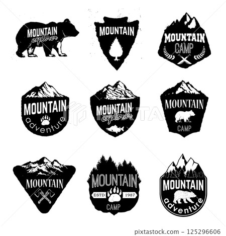 Mountain camp badges templates with mountains and trees isolated on white background. Camp outdoor adventure concept illustration Mountain camp badges templates with mountains and trees isolated on white background. Camp outdoor adventure concept illustration 125296606