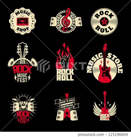 music labels set on grunge background. Design elements for logo, label, emblem, sign. Vector illustration. 125296609