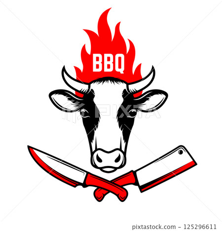 BBQ. Cow head on fire background, knife and meat cleaver. Design elements for poster, menu decoration. Vector illustration. BBQ. Cow head on fire background, knife and meat cleaver. Design elements for poster, menu decoration. Vector illustration. 125296611