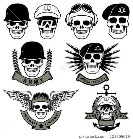 Military emblem. Human skull in a helmet with a grenade in his mouth. special forses labels set 125296619