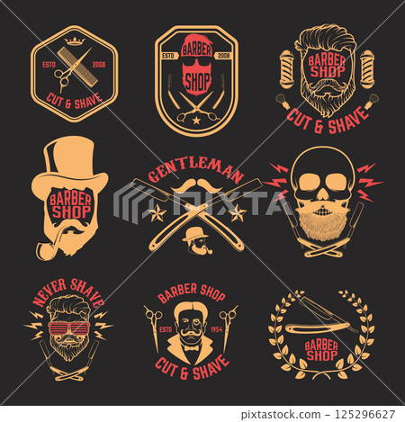 Set of Barber shop emblems. Design elements for logo, label, emblem, sign, badge, brand mark. Vector illustration. 125296627