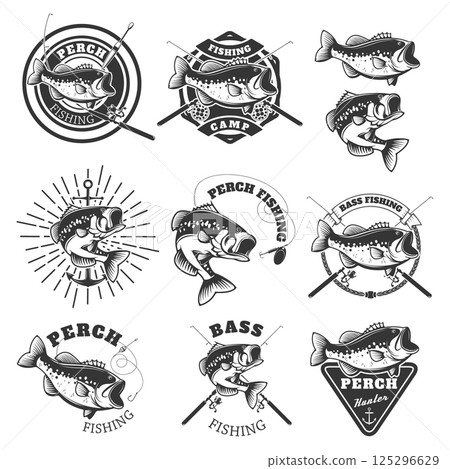 Bass fishing labels. Perch fish. Emblems templates for fishing club. Vector illustration. 125296629