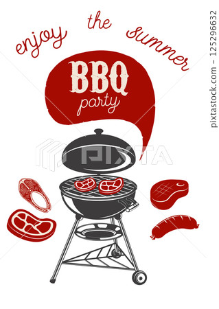 BBQ party vintage flyer on grunge background. Grill with kitchen tools, steaks, sausage. Design elements for restaurant menu, poster. Vector illustration. 125296632