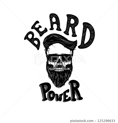Beard power. Human skull with beard in sun glasses. T-shirt print design template. Vector illustration. Beard power. Human skull with beard in sun glasses. T-shirt print design template. Vector illustration. 125296633