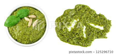 Pesto sauce in ceramic bowl isolated on white background. Top view. Flat lay. 125296710