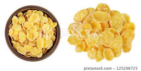 Cornflakes in ceramic bowl isolated on white background. Top view. Flat lay 125296725