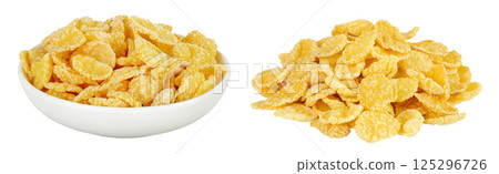 Cornflakes in ceramic bowl isolated on white background. 125296726