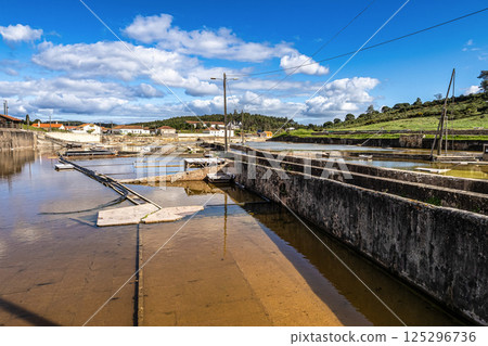 Fonte da Bica Salt Flats, Salinas de Rio Maior in Portugal, shallow water compartments and gutters for salt extraction 125296736