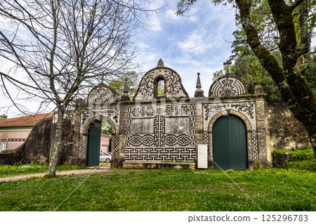 Building on the way to the cross, via crucis, trail on ancient forest of Bussaco in Luso, Aveiro in Portugal. 125296783