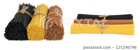 uncooked yellow, black and brown spaghetti isolated on white background uncooked yellow, black and brown spaghetti isolated on white background 125296796
