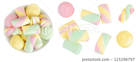 Colorful mini marshmallows in ceramic bowl isolated on white background with full depth of field. Top view. Flat lay 125296797