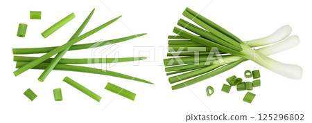 Green onion isolated on the white background. Top view. Flat lay. 125296802