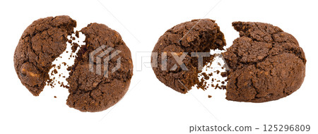 chocolate cookies broken isolated on white background with full depth of field. Top view. Flat lay chocolate cookies broken isolated on white background with full depth of field. Top view. Flat lay 125296809
