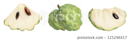 Sugar apple or custard apple slice isolated on white background. Exotic tropical annona or cherimoya fruit Sugar apple or custard apple slice isolated on white background. Exotic tropical annona or cherimoya fruit 125296817