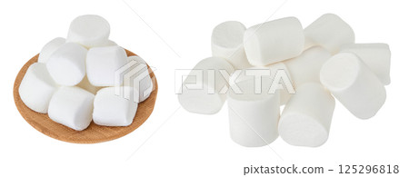 Marshmallow in wooden bowl isolated on white background with full depth of field Marshmallow in wooden bowl isolated on white background with full depth of field 125296818