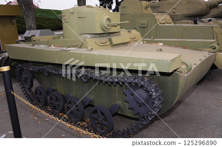 Kiev, Ukraine December 10, 2020: Light floating tank T-37A at the Museum of Military Equipment for all to see Kiev, Ukraine December 10, 2020: Light floating tank T-37A at the Museum of Military Equipment for all to see 125296890