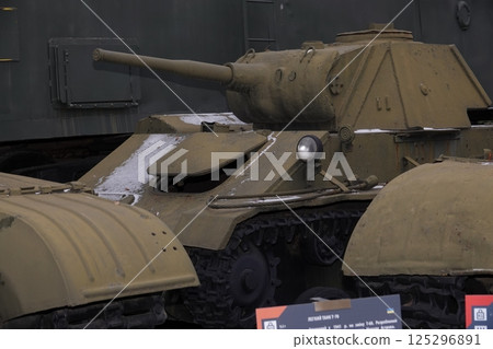 Kiev, Ukraine December 10, 2020: Light tank T-70 at the Museum of Military Equipment for all to see 125296891