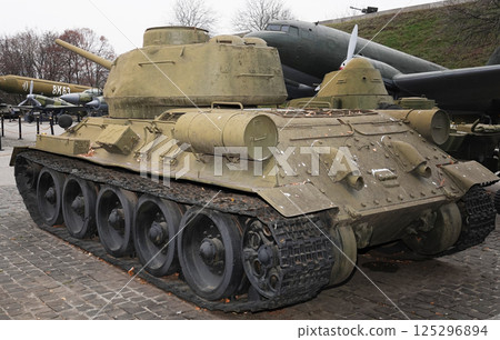 Kiev, Ukraine December 10, 2020: Medium Tank T-34 (T-34-85) at the Museum of Military Equipment for all to see 125296894