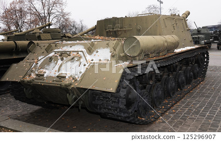 Kiev, Ukraine December 10, 2020: Self-propelled artillery mount YSU-152 caliber 152 mm in the Museum of military equipment for all to see 125296907