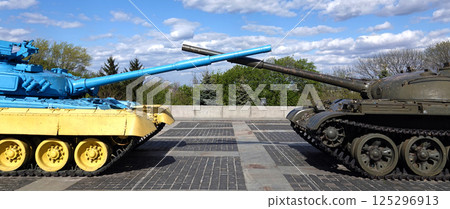 Kiev, Ukraine April 27, 2020: tanks standing in the park in honor of the end of the war in Afghanistan Kiev, Ukraine April 27, 2020: tanks standing in the park in honor of the end of the war in Afghanistan 125296913