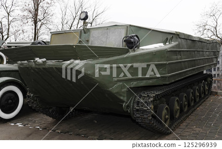 Kiev, Ukraine December 10, 2020: Tracked floating transporter K-61 in the Museum of Military Equipment for public viewing 125296939