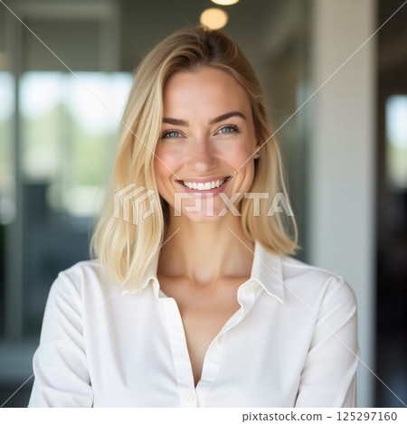 A confident blonde woman with a bright smile stands in a contemporary bank office, ready to assist clients Generative AI 125297160