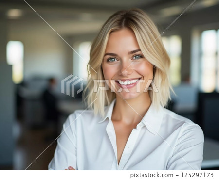 Radiating positivity, a skilled blonde bank representative engages warmly with clients in a contemporary office setting. The atmosphere feels welcoming and professional Generative AI 125297173
