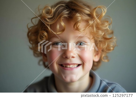 In a warm and inviting indoor space, a young blond boy with curly hair exudes happiness with his radiant smile, capturing the essence of childhood joy on a sunny day Generative AI 125297177