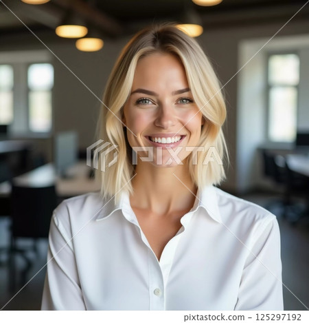 A confident blonde woman smiles in a bright office, providing friendly customer service at a busy bank, exuding professionalism and approachability Generative AI 125297192
