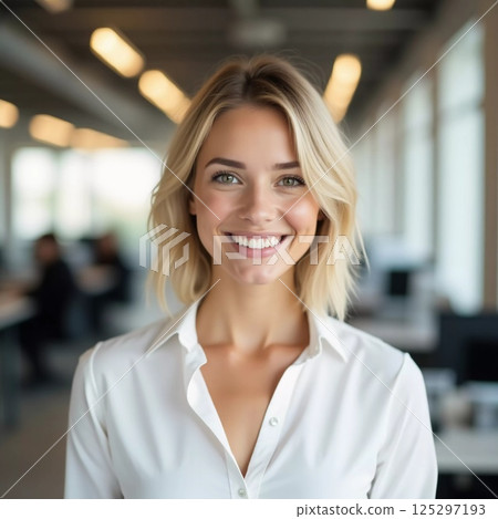 In a contemporary office space, a cheerful blonde woman engages with clients, showcasing her professional demeanor and positive attitude while delivering outstanding customer service Generative AI In a contemporary office space, a cheerful blonde woman engages with clients, showcasing her professional demeanor and positive attitude while delivering outstanding customer service Generative AI 125297193