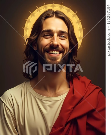 In a peaceful moment, a joyful Jesus Christ smiles radiantly, exuding love and compassion, surrounded by a serene golden halo that enhances his divine aura Generative AI In a peaceful moment, a joyful Jesus Christ smiles radiantly, exuding love and compassion, surrounded by a serene golden halo that enhances his divine aura Generative AI 125297194