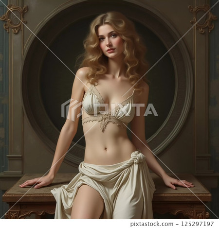 Soft light illuminates a graceful woman draped in delicate fabric, exuding elegance and charm in a beautifully styled classical setting Generative AI 125297197