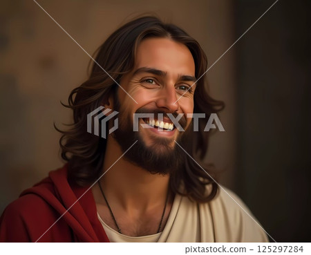A warm and loving presence shines as a figure embodying Jesus Christ smiles joyfully Generative AI 125297284