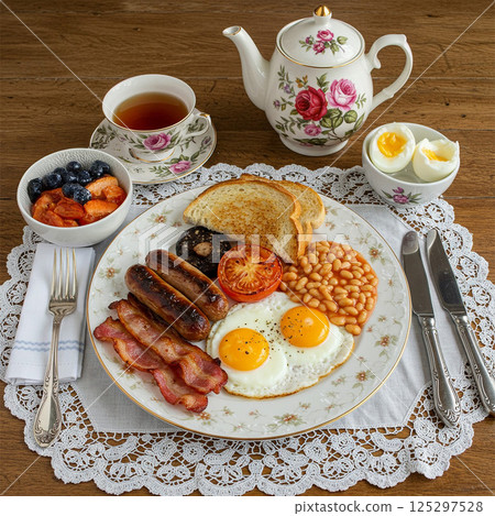 Full English breakfast and tea 125297528