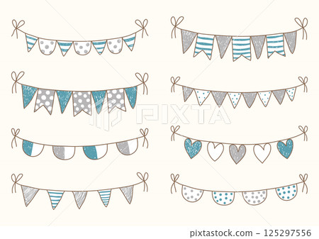 Cute doodle buntings for baby shower and birthday invitations in blue, white and grey colors. Cute doodle buntings for baby shower and birthday invitations in blue, white and grey colors. 125297556