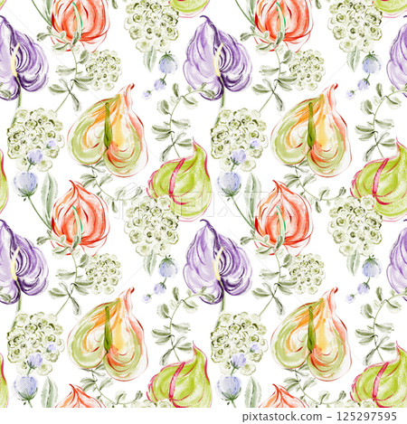 Seamless tropical floral watercolor pattern with vibrant Anthurium, exotic flowers, and lush foliage 125297595