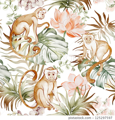 Seamless watercolor pattern with tropical jungle animals Seamless watercolor pattern with tropical jungle animals 125297597