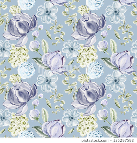 Seamless watercolor floral pattern with delicate roses, lilies, and violet blooms 125297598